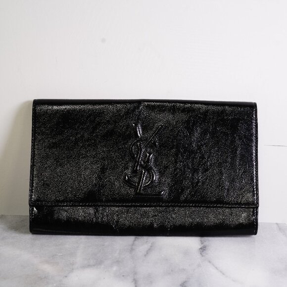Saint Laurent Textured Patent Monogram Large Belle De Jour Clutch Black - Picture 1 of 6